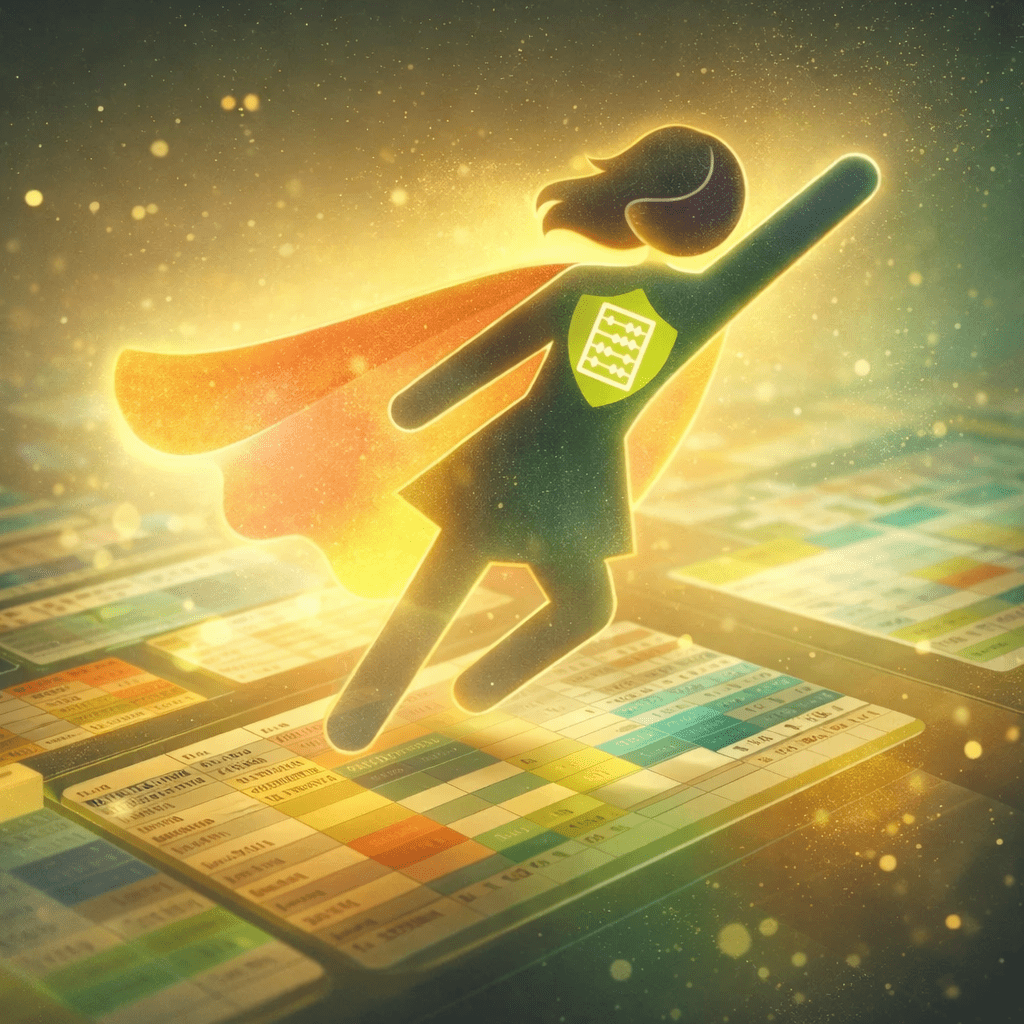 Illustration einer Superheldin, die über farbigen Excel‑Tabellen schwebt und ein leuchtendes Abakus‑Symbol auf der Brust trägt – eine visuelle Metapher für produktive Excel Hacks, die Datenarbeit leichter machen.