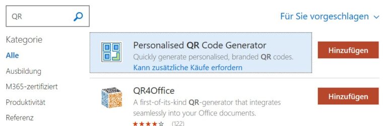 Ein Screenshot, der die verfügbaren Add-ins für QR-Codes anzeigt.