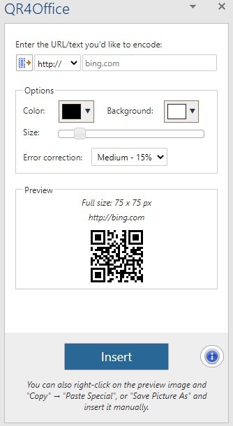 Ein Screenshot, der das Add-in für QR-Codes in Funktion zeigt.