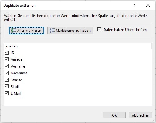 Screenshot des Excel-Dialogs 'Duplikate entfernen'. Der Dialog zeigt die Optionen zur Identifizierung und Entfernung von Duplikaten in der Tabelle.