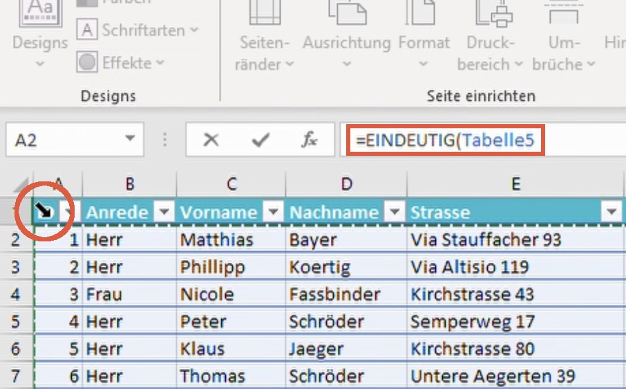 Screenshot, der zeigt, wie in Excel eine ganze Tabelle mit der Maus ausgewählt werden kann. Besonders zu beachten ist der Mauszeiger oben links in der Tabelle, der sich in einen Pfeil verwandelt hat, der in einem 45°-Winkel von oben links nach unten rechts zeigt.