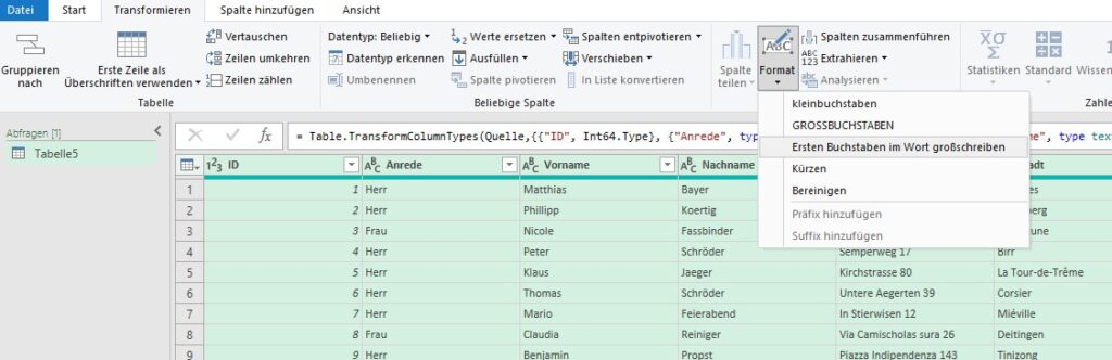 Screenshot, der zeigt, wie Daten im Power Query Editor transformiert werden können.