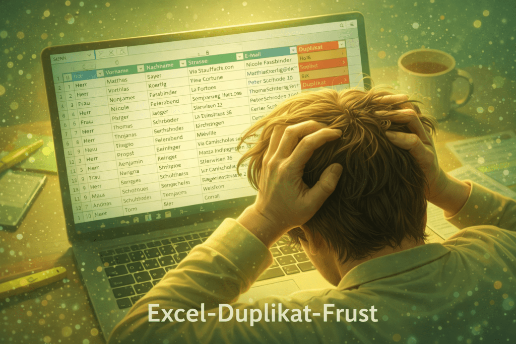 Eine Person sitzt frustriert vor einem Laptop mit einer Excel‑Tabelle voller markierter Duplikate. In der Tabelle sind doppelte Einträge zum Löschen rot hervorgehoben, während Unterlagen, Stift und Kaffeetasse auf dem Schreibtisch die typische Arbeitssituation unterstreichen.
