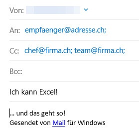 Screenshot aus Windows Mail, der eine vorab gefüllte E-Mail zeigt, die automatisch durch die Eingabe eines E-Mail-Links in Excel erzeugt wurde. Die E-Mail enthält die Betreffzeile 'Ich kann Excel!' und die Empfängeradressen sind durch Strichpunkte getrennt. Zusätzlich wurden CC-Empfänger hinzugefügt, was die Flexibilität und Funktionalität der E-Mail-Link-Syntax in Excel verdeutlicht.