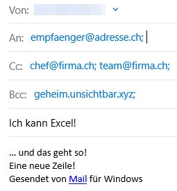 Screenshot aus Windows Mail, der eine E-Mail zeigt, die automatisch durch einen Excel-E-Mail-Link generiert wurde. Die Nachricht enthält den Betreff 'Ich kann Excel!', den Empfänger und CC-Adressen sowie eine BCC-Adresse ('geheim.unsichtbar.xyz'). Die Nachricht zeigt, wie Zeilenumbrüche durch '%0A' hinzugefügt werden können, um den Text übersichtlicher zu gestalten.