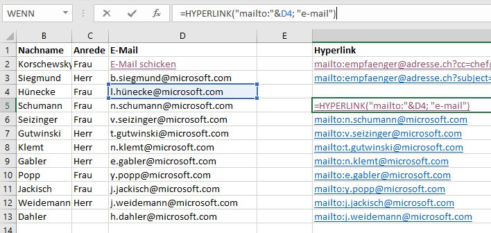 Screenshot einer Excel-Tabelle mit einer Spalte für Nachnamen, Anrede und E-Mail-Adressen. In einer weiteren Spalte werden Hyperlinks generiert, die auf E-Mail-Adressen verweisen. Die gezeigte Formel in der Bearbeitungszeile verwendet die HYPERLINK-Funktion, um E-Mail-Links basierend auf den Daten in der Spalte mit E-Mail-Adressen zu erstellen. In den Zellen der Spalte 'Hyperlink' werden die korrekten E-Mail-Links dargestellt.