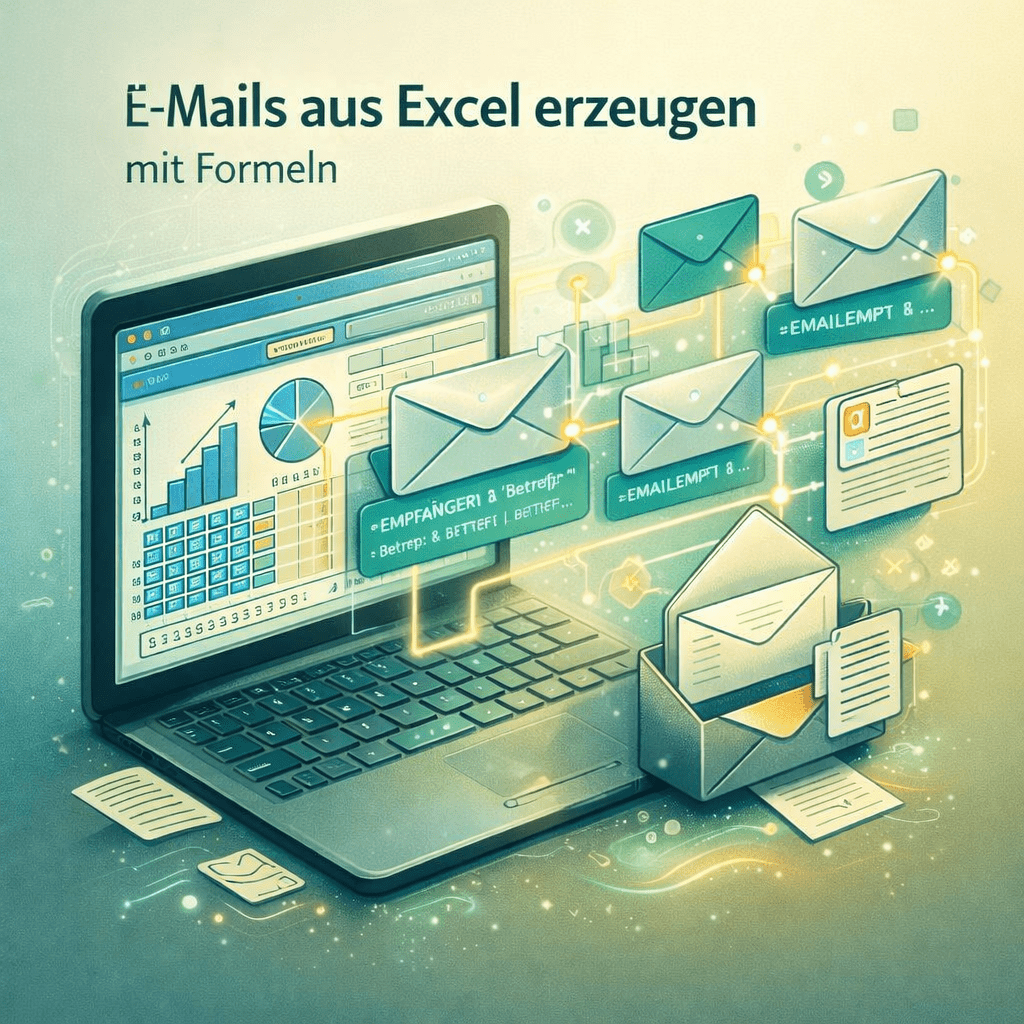 Illustration eines Laptops mit geöffnetem Excel‑Fenster, umgeben von schwebenden E‑Mail‑Symbolen und Datenblättern. Die warme grün‑gelbe Lichtstimmung und transluzenten Partikel vermitteln eine techno‑poetische Ruhe. Das Bild zeigt, wie du E‑Mails aus Excel mit Formeln erzeugen kannst.