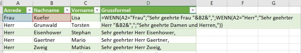 Screenshot von Excel, in dem sowohl männliche als auch weibliche Einträge in einer Tabelle zu sehen sind. Im obersten Feld der Grussformel steht die Formel: =WENN(A2="Frau";"Sehr geehrte Frau "&B2&",";WENN(A2="Herr";"Sehr geehrter Herr "&B2&",";"Sehr geehrte Damen und Herren,")) Darunter sind die korrekt generierten Grussformeln als Beispiele zu sehen, die die Funktionsfähigkeit der Formel bestätigen.