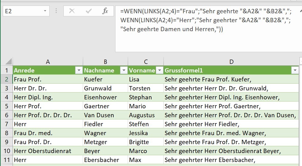 Screenshot von Excel, der die Anrede mit akademischen Titeln zeigt. Das Formelfeld ist ausgeklappt und zeigt die komplexe Formel: =WENN(A2="Frau";"Sehr geehrte Frau "&B2&",";WENN(A2="Herr";"Sehr geehrter Herr "&B2&",";"Sehr geehrte Damen und Herren,")) Alle Felder für die Grussformel sind bereits korrekt ausgefüllt, und es sind sowohl weibliche als auch männliche Anredevarianten sowie akademische Titel sichtbar.