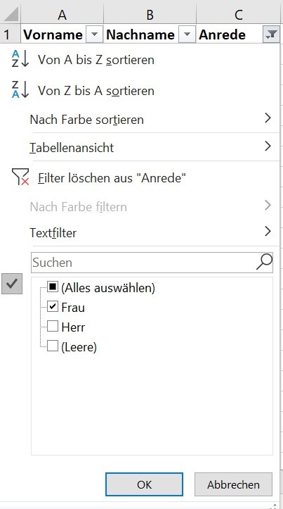 Screenshot der Excel-Filterfunktion, bei der die Option 'Alles auswählen' deaktiviert ist. Nur die Datensätze in der Spalte mit der Anrede 'Frau' sind ausgewählt, was die Sichtbarkeit der weiblichen Adressaten hervorhebt.