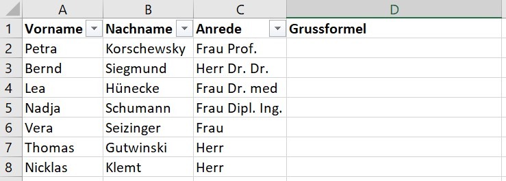 Screenshot von Excel, der eine Spalte zeigt, die bereits mit der Bezeichnung 'Grussformel' angelegt wurde, jedoch noch leer ist. Neben der Anrede sind bei einigen Einträgen auch weitere akademische Titel zu sehen, die in der Anrede aufgeführt sind.