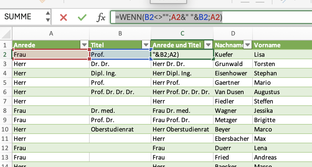 Screenshot des Hilfsfeldes „Anrede und Titel“ in einer Excel-Tabelle. Die Tabelle zeigt eine Mischung aus verschiedenen Anredearten in den Datensätzen, während die Formel im Hilfsfeld korrekt eingefügt wurde und die Anrede mit Titel entsprechend generiert.