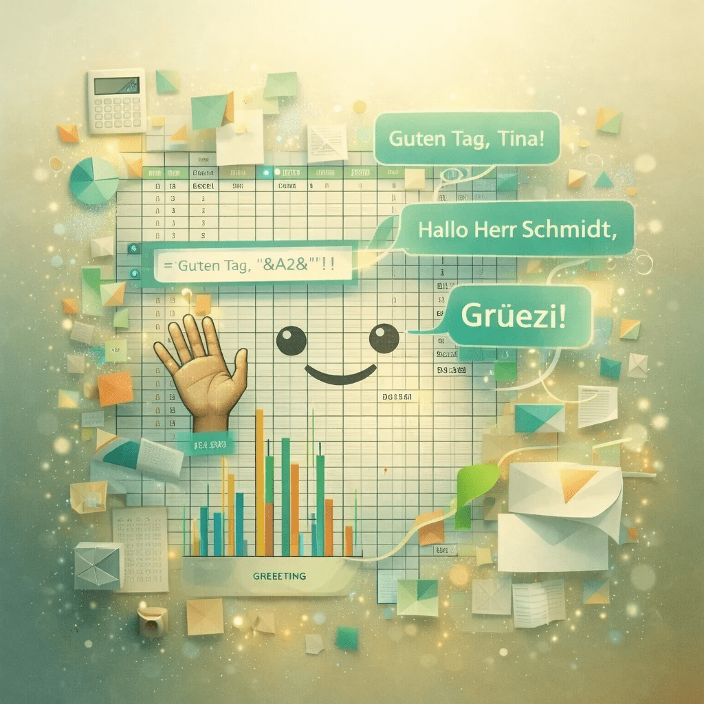 Illustration eines Excel‑Blatts mit lächelndem Gesicht und Grußformel‑Zellen, umgeben von schwebenden Sprechblasen mit Texten wie ‚Guten Tag, Tina!‘ und ‚Grüezi!‘. Warmes grün‑gelbes Licht, sanfte Glows und transluzente Partikel erzeugen eine ruhige, techno‑poetische Atmosphäre. Das Motiv zeigt, wie du Grussformeln in Excel mit Formeln erzeugen kannst.
