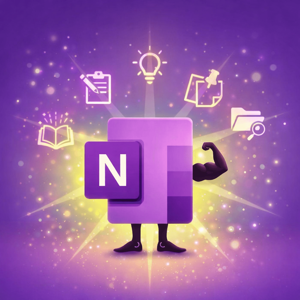 llustration des OneNote‑Logos als Power‑Figur, umgeben von Produktivitäts‑Symbolen – visuelle Darstellung der OneNote Tipps für Power User