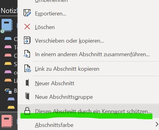 Ein Screenshot, der die Funktion zeigt, wie der Kennwortschutz in OneNote eingestellt wird.