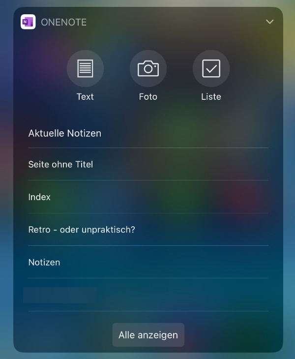 Ein Screenshot, der das Widget von OneNote in iOS anzeigt