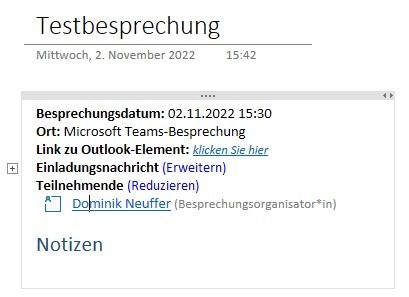 Ein Screenshot, der zeigt, wie Besprechungsdetails in OneNote übernommen wurden.