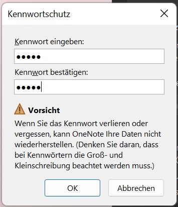 Ein Screenshot, der die Eingabe eines Kennworts für geschützte Abschnitte in OneNote anzeigt.