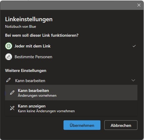 Ein Screenshot, der die Linkeinstellungen in OneNote zeigt.