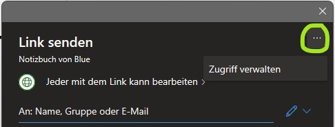 Ein Screenshot, der zeigt, wie in OneNote der Zugriff auf geteilte Inhalte geändert werden kann.