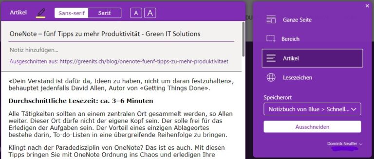 Ein Screenshot, der den Web Clipper von OneNote darstellt.