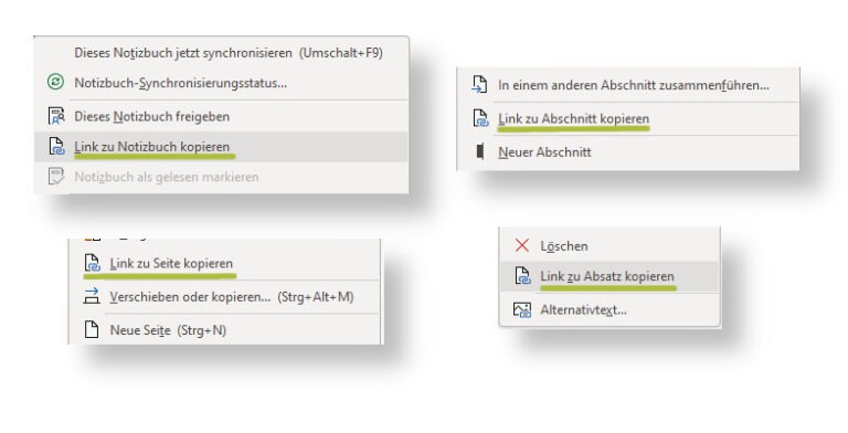 Ein Screenshot, der die verschiedenen Möglichkeiten einer Verlinkung in OneNote illustriert.