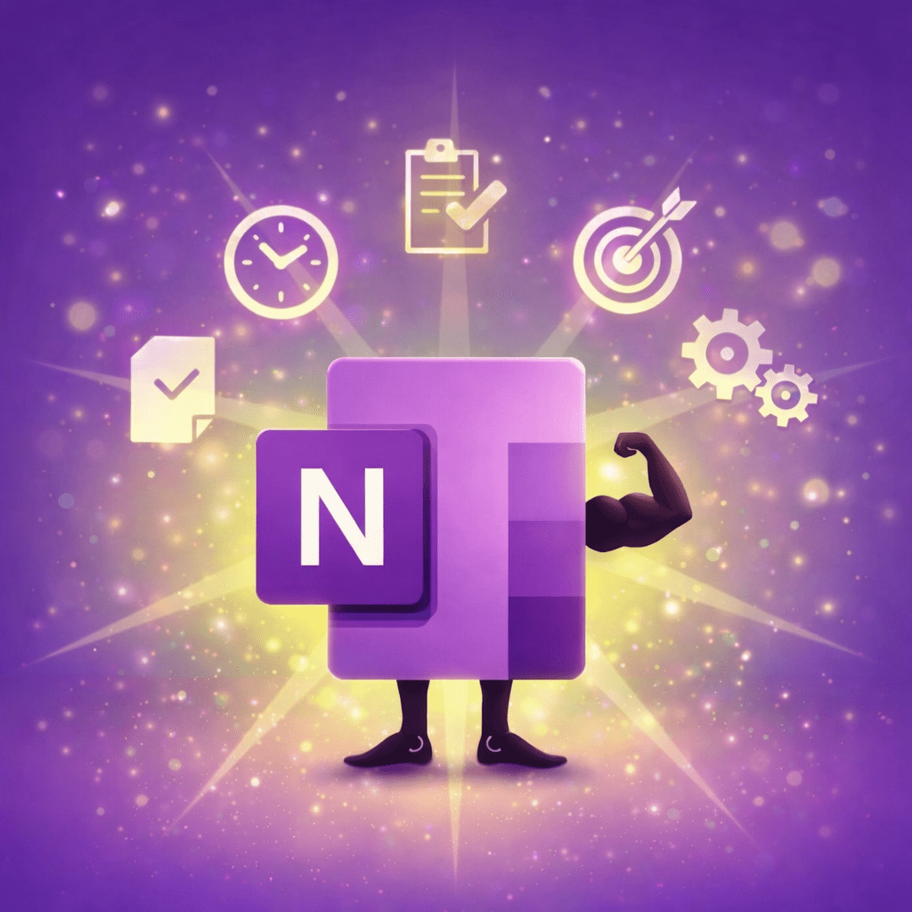 Illustration des OneNote‑Logos als starke Figur, umgeben von Produktivitäts‑Symbolen – visuelle Darstellung der OneNote Tipps für mehr Produktivität.