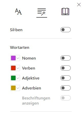 Ein Screenshot, der die vielfältigen Einstellungsmöglichkeiten für Grammatikoptionen im Plastischen Reader anzeigt.