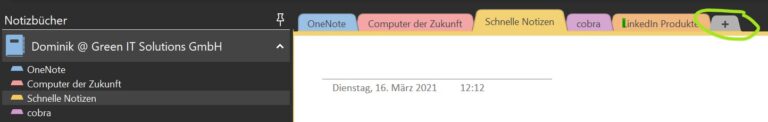 Ein Screenshot, der die Abschnitte von OneNote anzeigt.