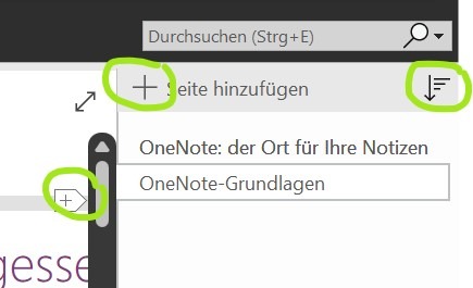 Ein Screenshot, der beschreibt, wie unter OneNote Seiten angelegt werden können.