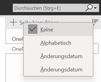 Ein Screenshot, der die Sortierfunktionen von Seiten in OneNote anzeigt.