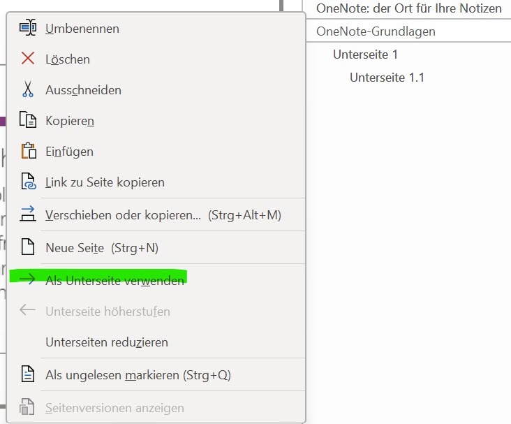 Ein Screenshot, der verdeutlicht, wie in OneNote verschiedene Ebenen zur Strukturierung hergenommen werden können.