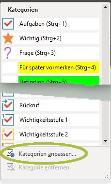 Ein Screenshot, der zeigt, wie Kategorien in OneNote bearbeitet und angepasst werden können.