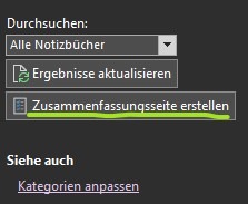 Ein Screenshot, in dem beschrieben wird, wie OneNote eine Zusammenfassung für die Ergebnisse der Suche nach Kategorien erstellen kann.