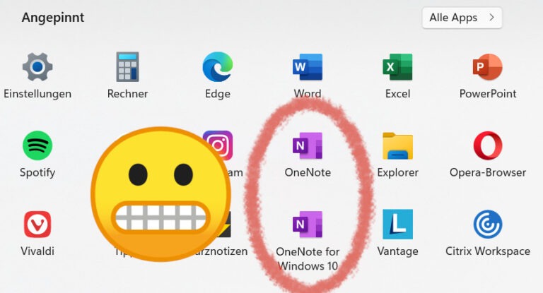 Ein Screenshot, der zwei Versionen von OneNote in den Programmen anzeigt.