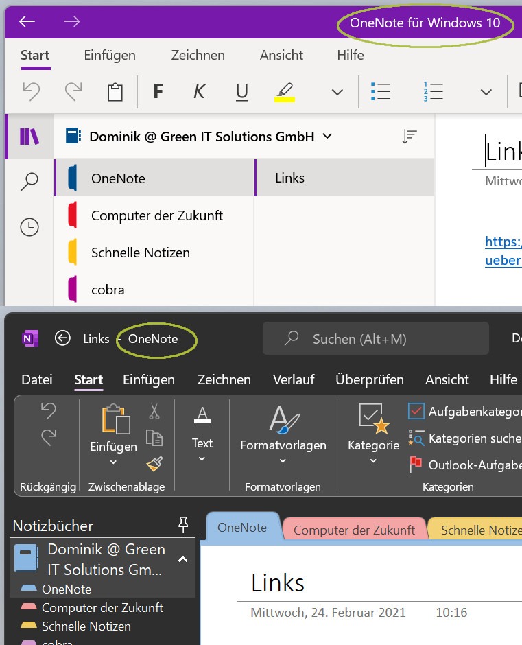 Ein Screenshot, der die neue sowie die alte Version von OneNote im Vergleich zeigt.