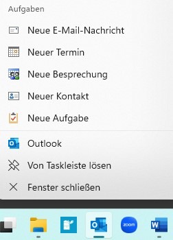 Ein Screenshot zeigt den Schnellzugriff auf Outlook-Funktionen durch einen Rechtsklick auf das App-Icon.