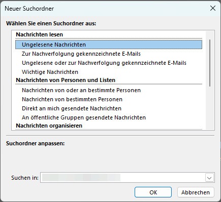 Ein Screenshot, der vorgefertigte Suchfunktionen in Outlook anzeigt.