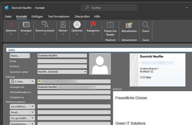 Ein Screenshot zeigt den Dialog zur Erstellung oder Aktualisierung von Kontakten in Outlook.