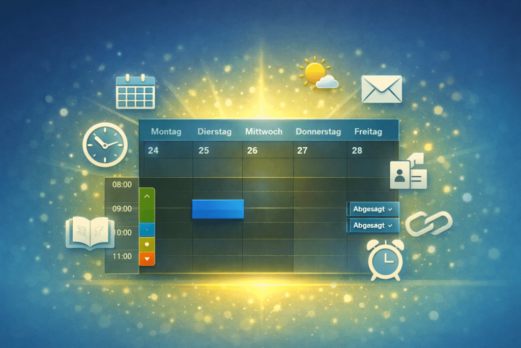 Illustration eines digitalen Outlook‑Kalenders mit farbigen Termineinträgen und Symbolen für Zeit, E‑Mails und Planung – visuelles Titelbild für Outlook Kalender Tipps.