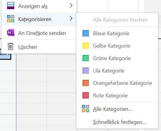 Ein Screenshot, der zeigt wie in Outlook einem einzelnen Eintrag eine Farbe zugeordnet werden kann.