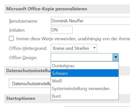 Ein Screenshot, der die Einstellungsmöglichkeiten für das Office-Design anzeigt.