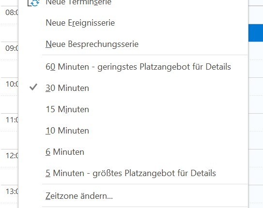 Ein Screenshot der zeigt, wie in Outlook verschiedene unterschiedliche Zeitintervalle eingestellt werden können.
