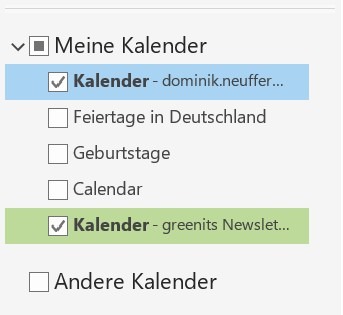 Ein Screenshot, der die angelegten oder freigegebenen Kalender in Outlook anzeigt.