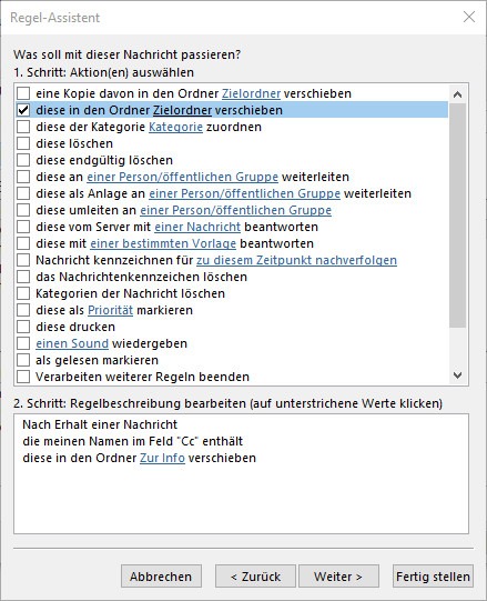 Ein Screenshot, der die Auswahl an Aktionen für eine Regel in Outlook anzeigt.