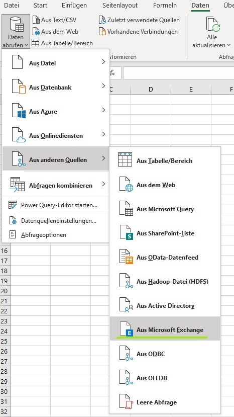 Ein Screenshot, der verdeutlicht, wie mit Excel eine Datenverbindung zu Outlook hergestellt wird.