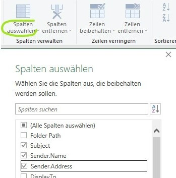 Ein Screenshot, der zeigt, wie die zu importierenden Spalten bei einem Excel-Import ausgewählt werden.