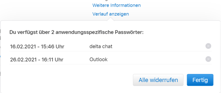 Ein Screenshot, der anwendungsspezifische Passwörter in iCloud anzeigt.