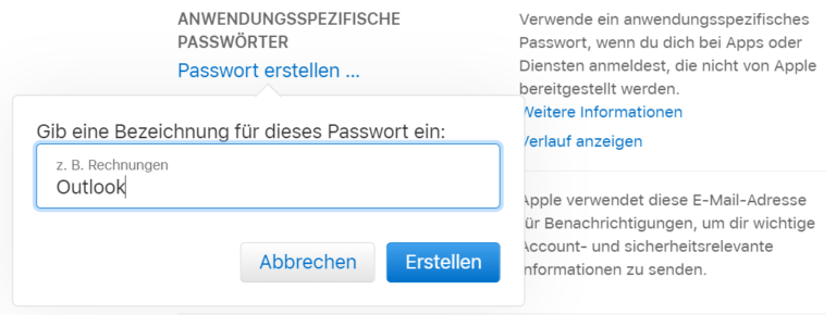Ein Screenshot, der zeigt, wie in einem iCloud-Konto ein anwendungsspezifisches Passwort vergeben wird.