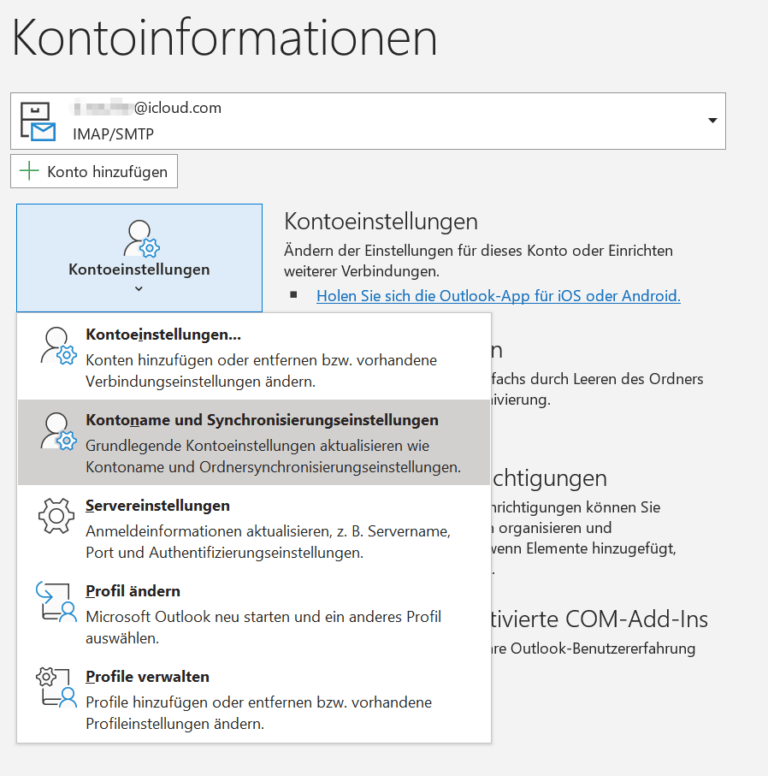 Ein Screenshot, der die Kontoeinstellungen in Outlook anzeigt.